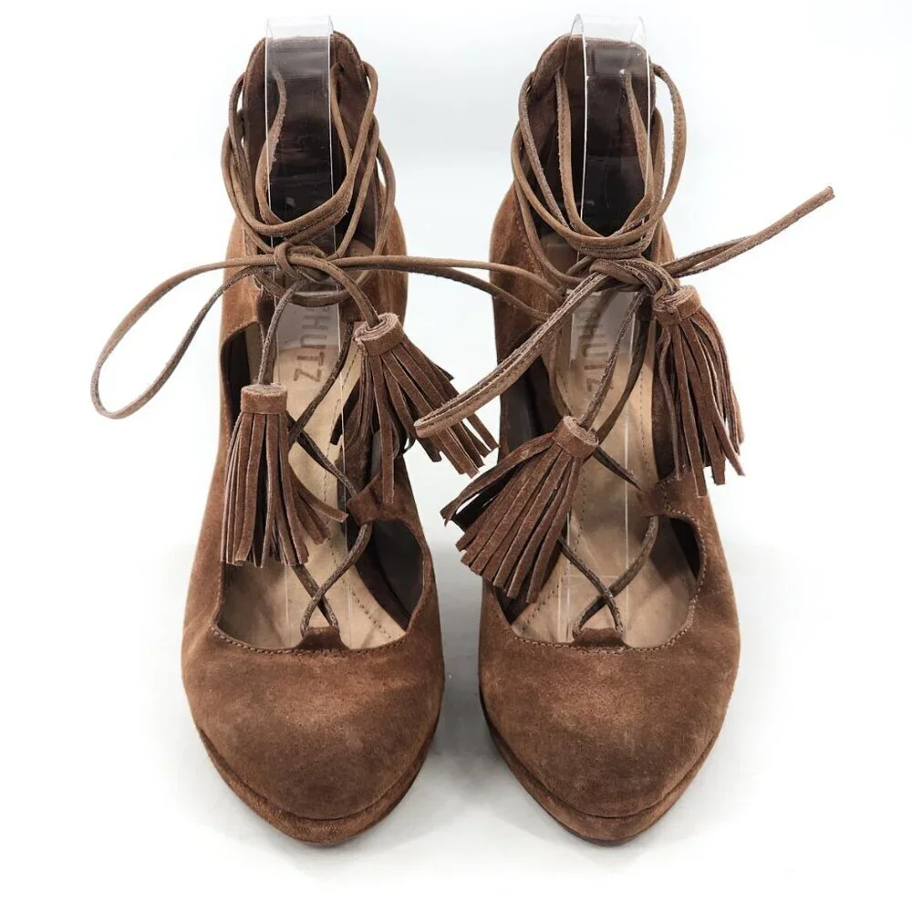 SCHUTZ Brown Suede Lace Up Wedge Heel Pumps With Tassels